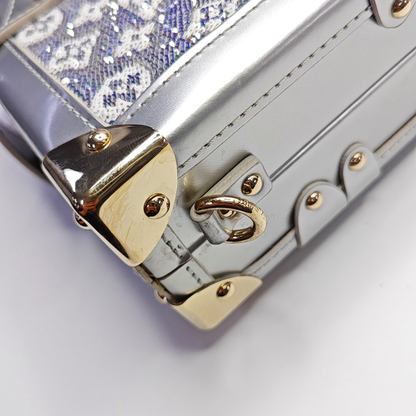LOUIS VUITTON PETITE MALLE Silver Satin Shoulder Bag Crossbody Golden Hardware Removable Shoulder Strap Complete Accessories-(SKU)-961332912