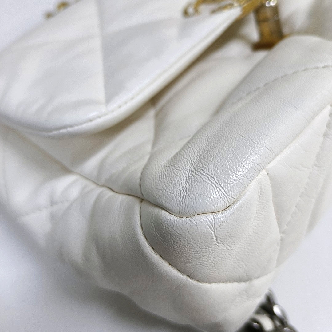 CHANEL CHANEL 19 Small White Lamb Skin Quilted Shoulder Bag Crossbody with Gold, Silver and Ruthenium Hardware 30 Clasp-(SKU)-969981633