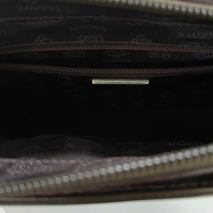LOEWE T Pouch  Dark Brown Leather Handbag Silver Hardware-(SKU)-13379220