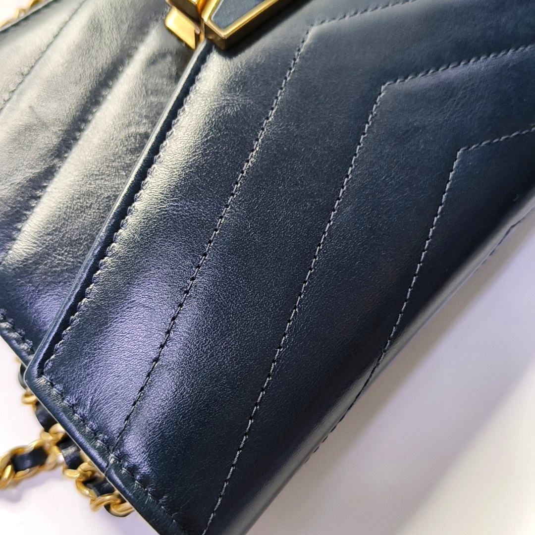 CHANEL MEDAL ENVELOPE Dark Blue Calfskin Quilted V-Shape Shoulder Bag with Gold Hardware-(SKU)-963604002