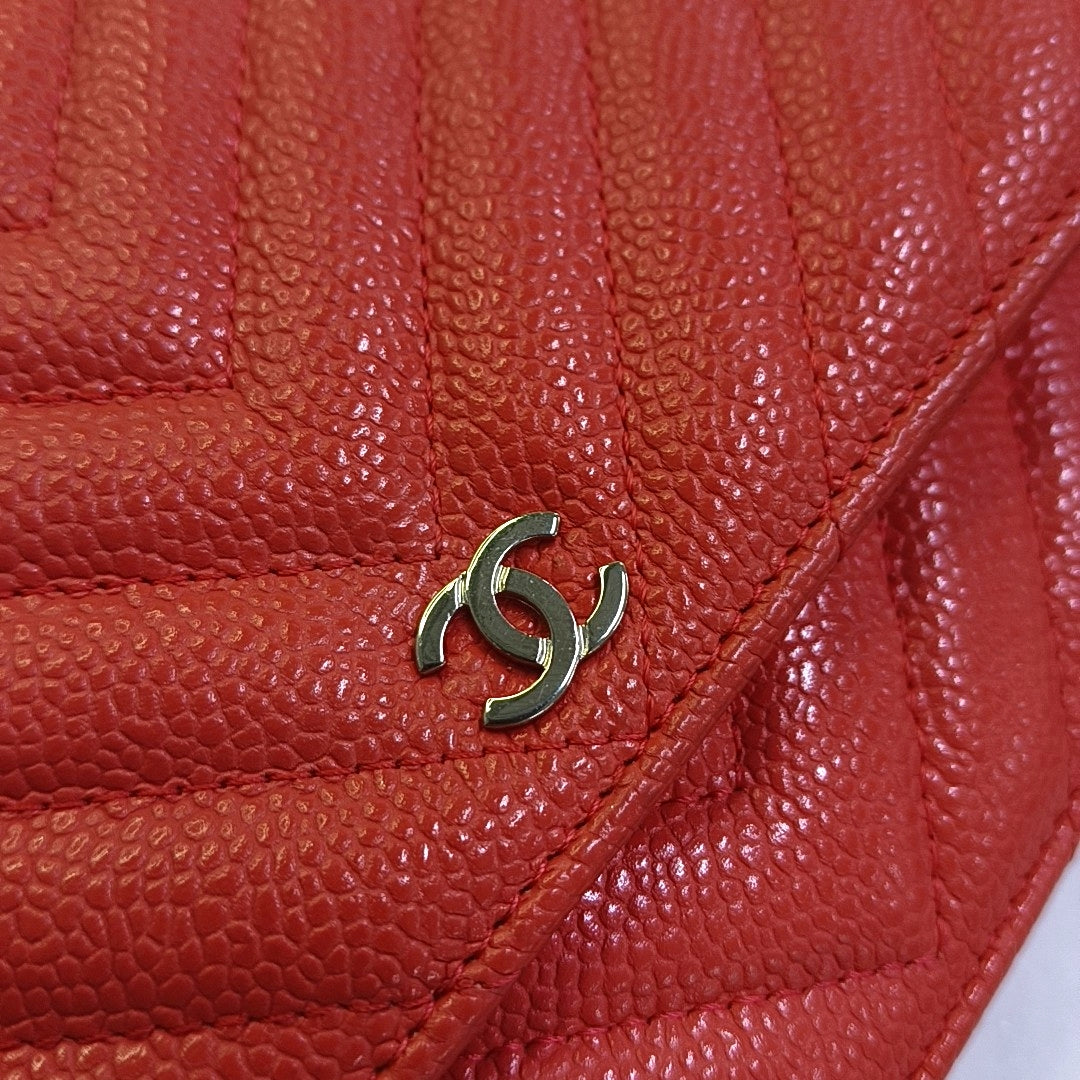 CHANEL WOC Orange Crinkle Calfskin Quilted V-Stitch Shoulder Bag Silver Hardware 26 Clasp-(SKU)-968739571