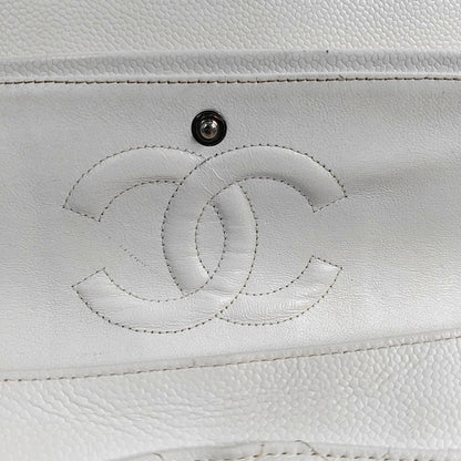 CHANEL CLASSIC FLAP Medium White Quilted Leather Grained Single Shoulder Bag Crossbody Bag with Silver Hardware 12 opening-(SKU)-961743438