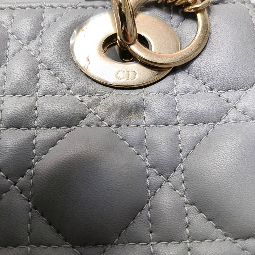 DIOR Lady Dior Small Grey Lamb Skin Quilted Cannage Diorever Shoulder Bag Tote Bag Crossbody Bag with Gold Hardware and Detachable Shoulder Strap, Complete Accessories-(SKU)-968155280
