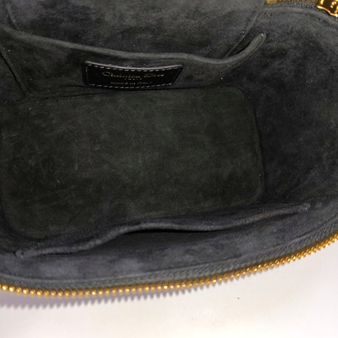 DIOR Travel Vanity Black Leather Woven Make-up Box Single Shoulder Bag Crossbody Bag Handbag Removable Strap Gold Hardware Accessories Included-(SKU)-968827217