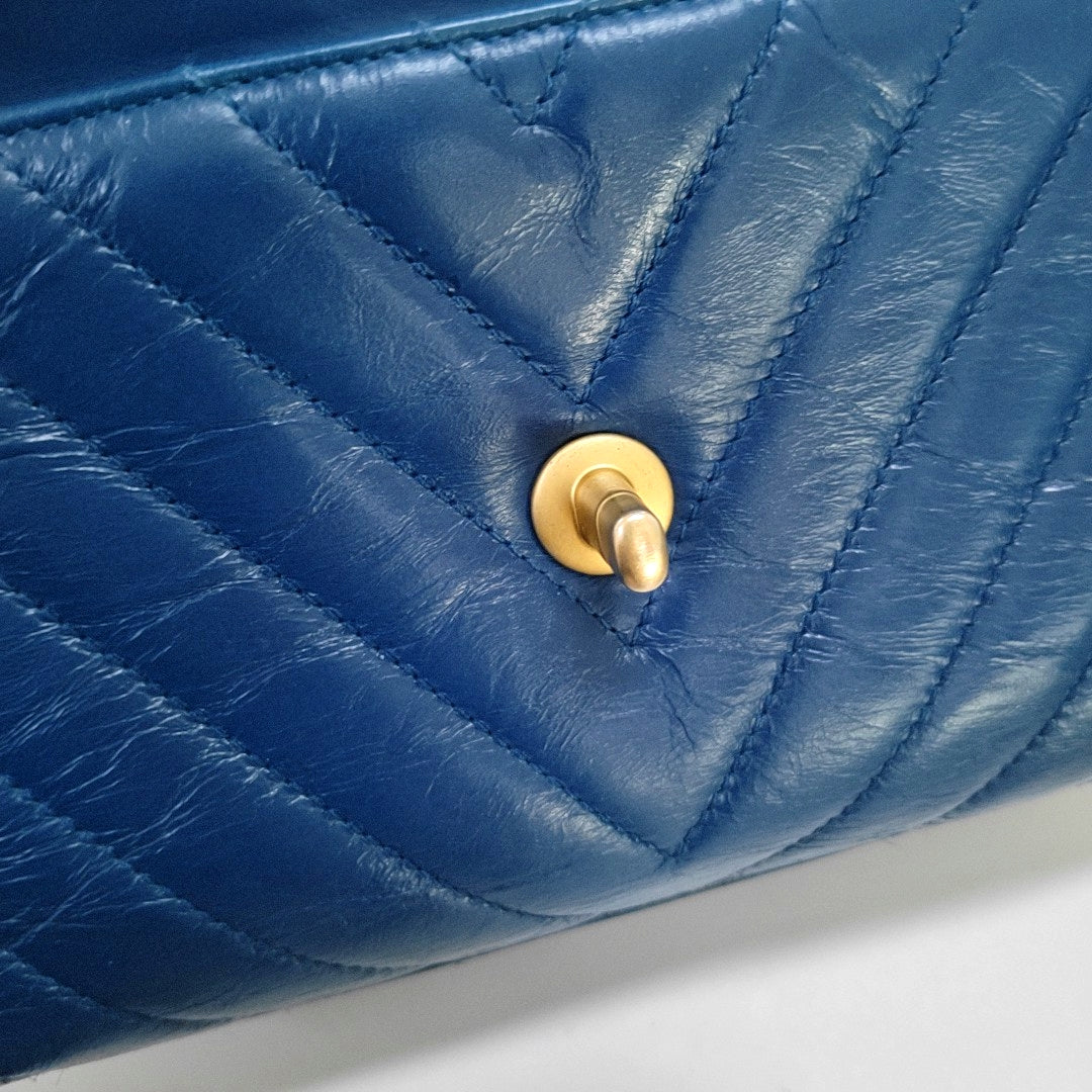 CHANEL COCO HANDLE Medium Size Blue Calfskin Quilted V Pattern Single Shoulder Bag with Gold Hardware 25 Compartments Removable Shoulder Strap-(SKU)-965602661