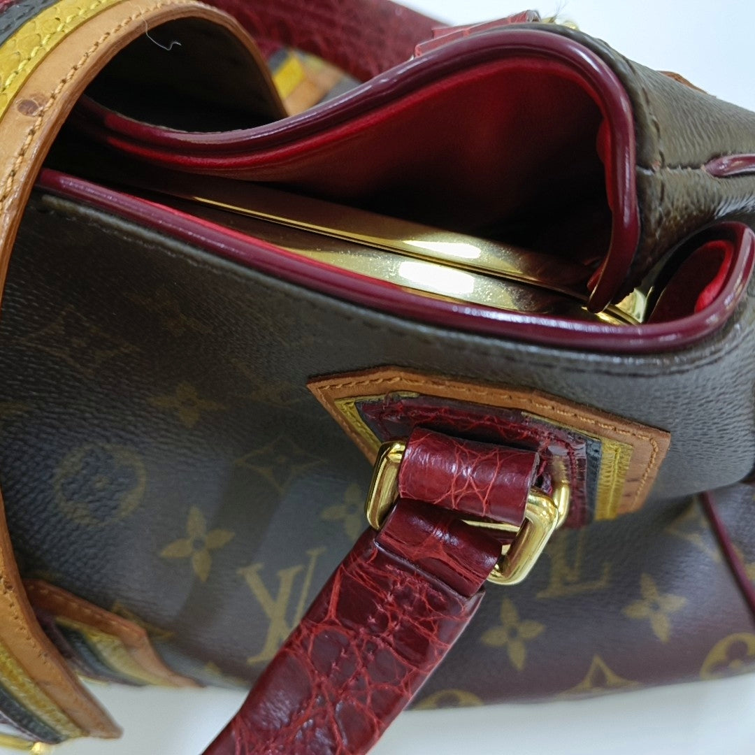 LOUIS VUITTON GRIET Brown Coated Canvas Monogram Crocodile Embossed Handbag with Gold Hardware-(SKU)-967372524