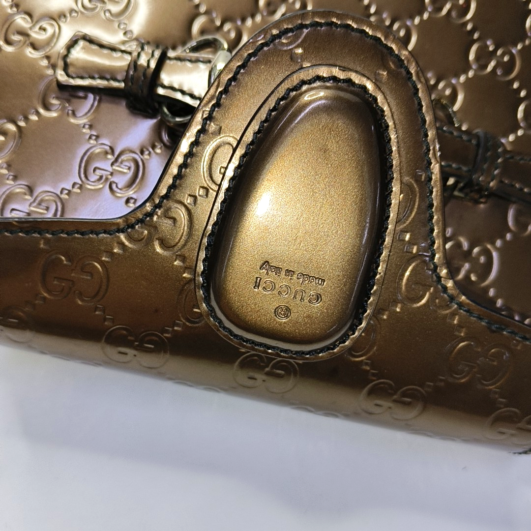 GUCCI Emily Chain Brown Patent Leather Monogram Embossed Shoulder and Handbag Golden hardware-(SKU)-945120170