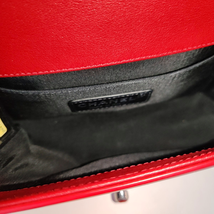 CHANEL BOY CHANEL Small Red Patent Leather Quilted Shoulder Bag Crossbody Bag with Detachable Strap Silver Hardware 20 Compartments-(SKU)-959630797