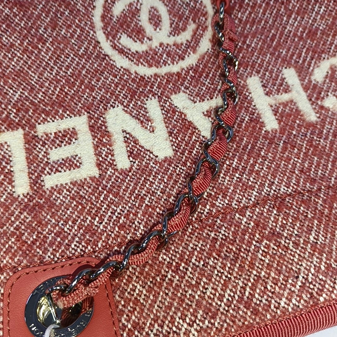 CHANEL DEAUVILLE Red Fabric Jacquard Beach Bag Single Shoulder Bag Tote Bag with Silver Hardware-(SKU)-965966407