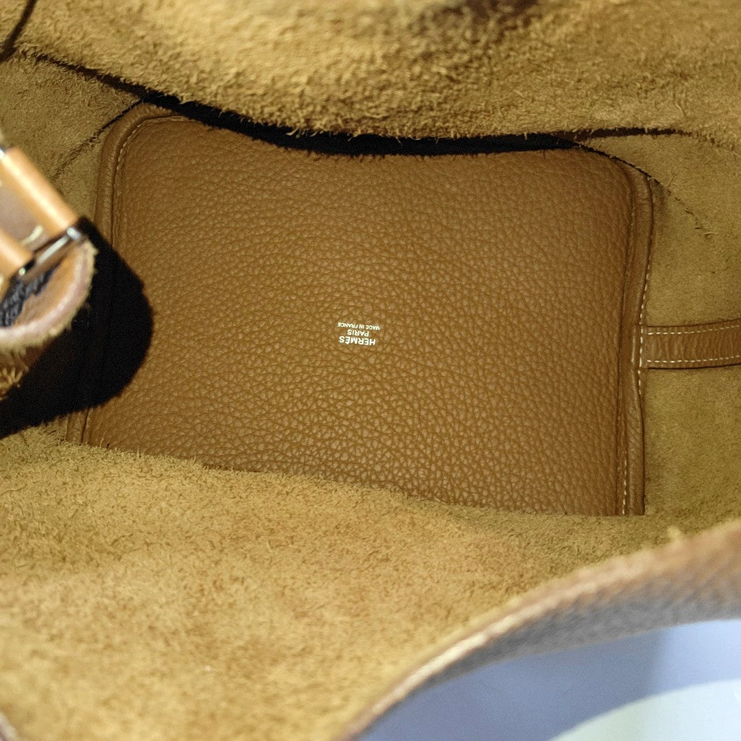 HERMÈS Picotin Lock 22 Cognac Brown Clemence Leather Market Basket Tote Bag with Silver Hardware X-(SKU)-969778968