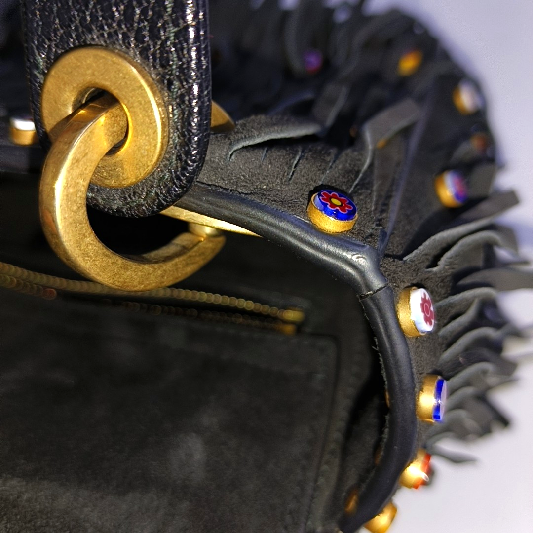 DIOR Lady Dior Mini Black Suede Leather Studded Fringe Crossbody Bag with Gold Hardware, Detachable Strap-(SKU)-961788599