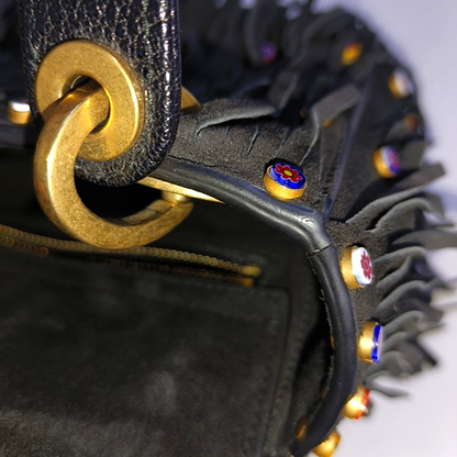 DIOR Lady Dior Mini Black Suede Leather Studded Fringe Crossbody Bag with Gold Hardware, Detachable Strap-(SKU)-961788599