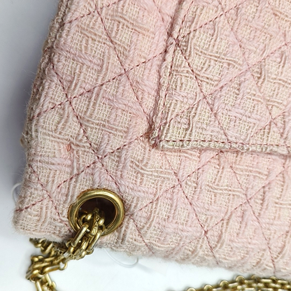 CHANEL 2.55 Small Light Pink Fabric Quilted Chain Shoulder Bag Crossbody Bag with Gold Hardware 23 Clasp-(SKU)-960446788