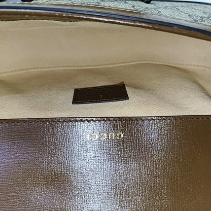 GUCCI Horsebit 1955, khaki coated canvas monogram horsebit shoulder bag, handbag with golden hardware and detachable strap, complete accessories-(SKU)-966902427