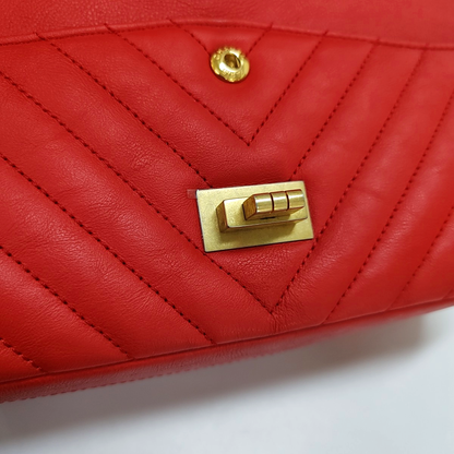 CHANEL 2.55 Small Size Red Leather Quilted V-Shape Shoulder Bag Crossbody Bag Gold Hardware 27 Clasp-(SKU)-956623582