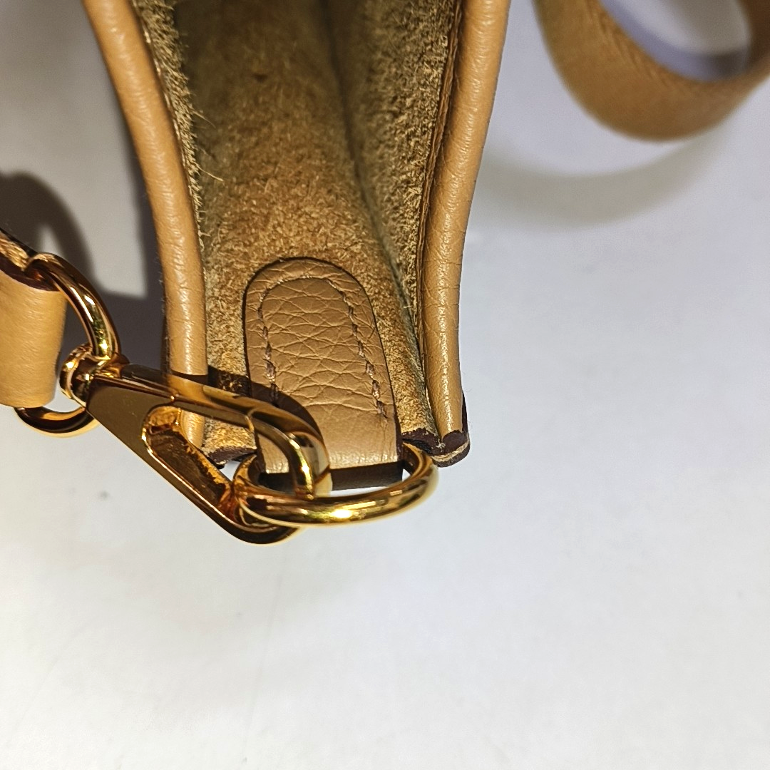 HERMÈS Evelyne TPM Caramel Color Clemence Leather Evelyne TPM Crossbody Shoulder Bag Handbag with Gold Hardware Z Mark Removable Shoulder Strap Full Set of Accessories Included-(SKU)-947423058