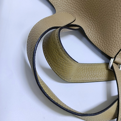 HERMÈS Picotin Lock 22 Khaki Clemence Leather Basket Handbag with Silver Hardware and X Engraving-(SKU)-955859168