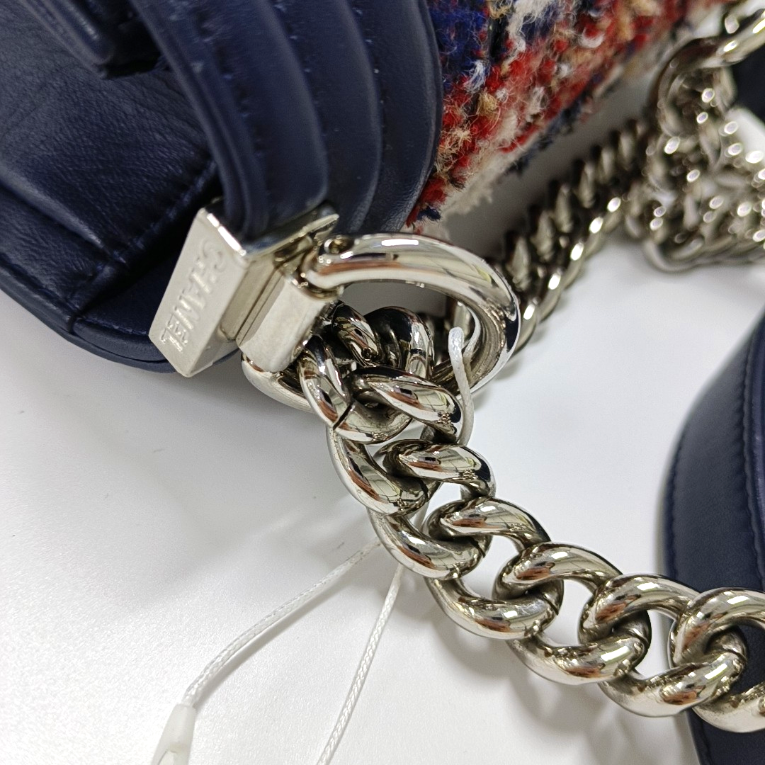 CHANEL BOY CHANEL Small Size Dark Blue Tweed Quilted V Pattern Crossbody Bag with Silver Hardware 24 Compartments Removable Shoulder Strap-(SKU)-946050754