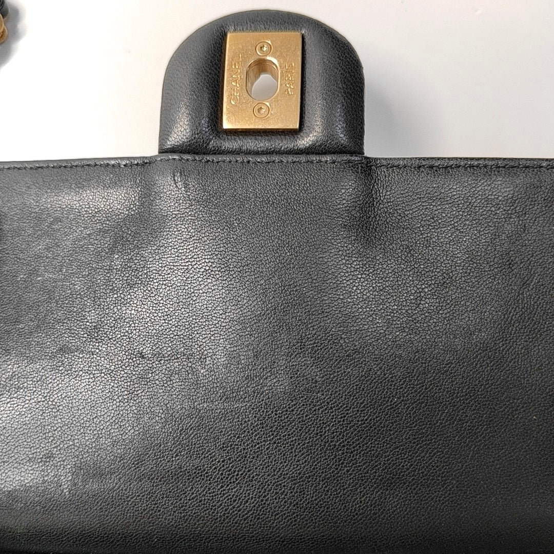 CHANEL EX FLAP Black Cowhide Quilted Monogram Shoulder Bag Crossbody with Gold Hardware, 27 Clasp-(SKU)-967025083