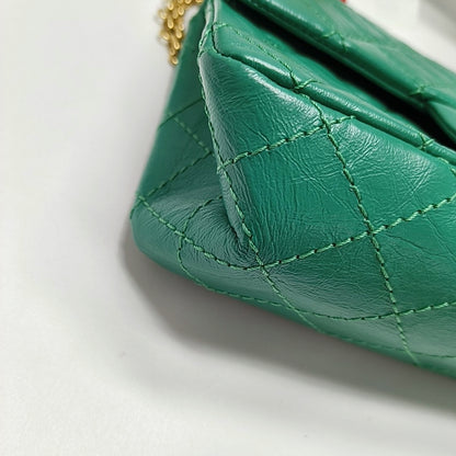 CHANEL 2.55 Mini Green Leather Quilted Chain Crossbody Shoulder Bag with Gold Hardware, 28 Clasps-(SKU)-971035161