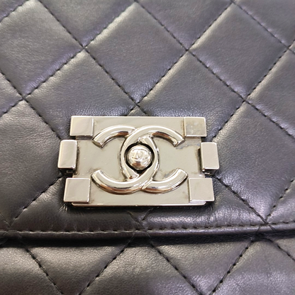 CHANEL BOY CHANEL Black Lamb Skin Quilted Single Shoulder Bag with Silver Hardware, 16 Clasp-(SKU)-961049514