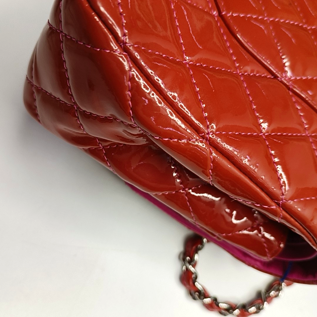 CHANEL CLASSIC FLAP Orange Patent Leather Quilted Crossbody Shoulder Bag with Silver Hardware, 14K-(SKU)-959565194