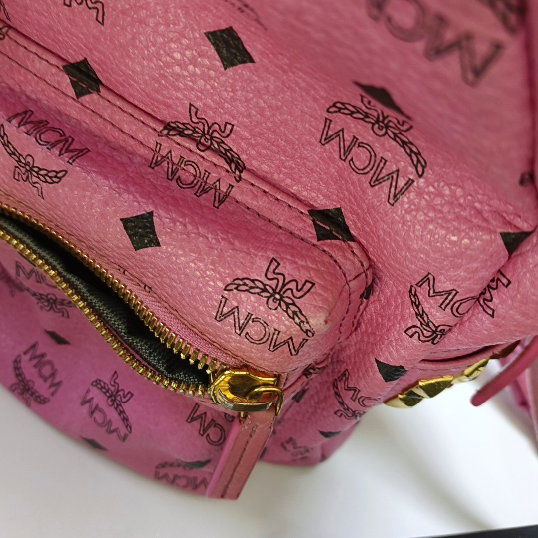 MCM STARK  Small size Pink Coated Canvas Studs Double Shoulder Bag Golden hardware-(SKU)-940254240
