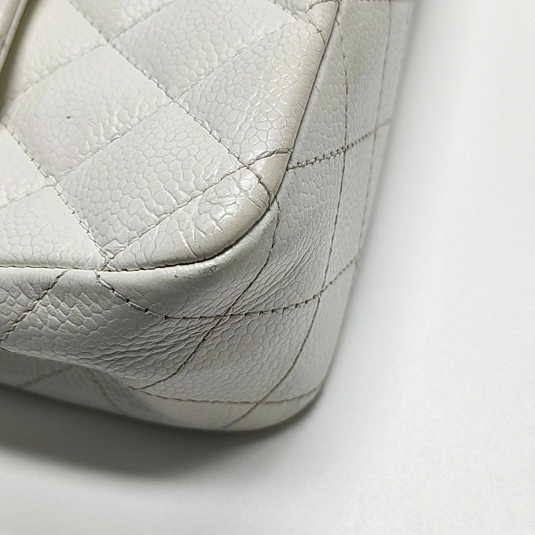 CHANEL CLASSIC FLAP Medium White Quilted Leather Grained Single Shoulder Bag Crossbody Bag with Silver Hardware 12 opening-(SKU)-961743438