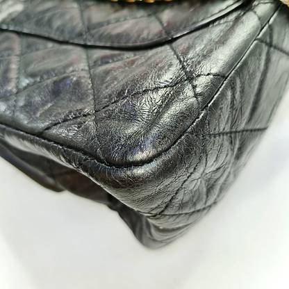 CHANEL 2.55 Black Calfskin Quilted Diamond Pattern Shoulder Bag Gold Hardware 12 Clasp-(SKU)-962208163