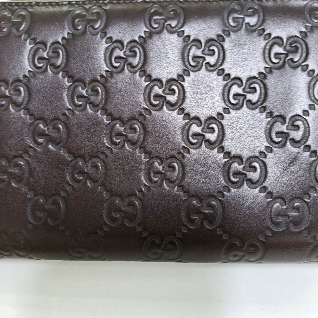 GUCCI Ligne Shima Dark Brown Cowhide Monogrammed Texture Wallet Silver Hardware-(SKU)-946371440