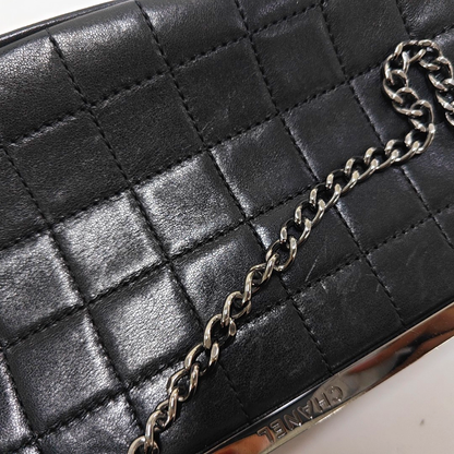 CHANEL CHOCOLATE BAR Black Lamb Skin Quilted Shoulder Bag, Handbag with Silver Hardware, 8 compartments-(SKU)-946413331