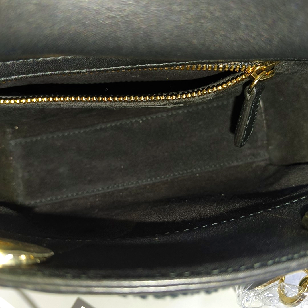 DIOR Lady Dior Mini Black Calfskin Embroidered Weaved Dior Bag Crossbody Shoulder Bag with Gold Hardware, Detachable Strap-(SKU)-965267708