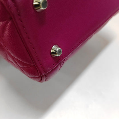 DIOR Lady Dior Mini Pinkish Red Lamb Leather Quilted Grained Three Compartment Shoulder Bag Crossbody Bag Tote Bag Silver Hardware Removable Strap-(SKU)-968391657