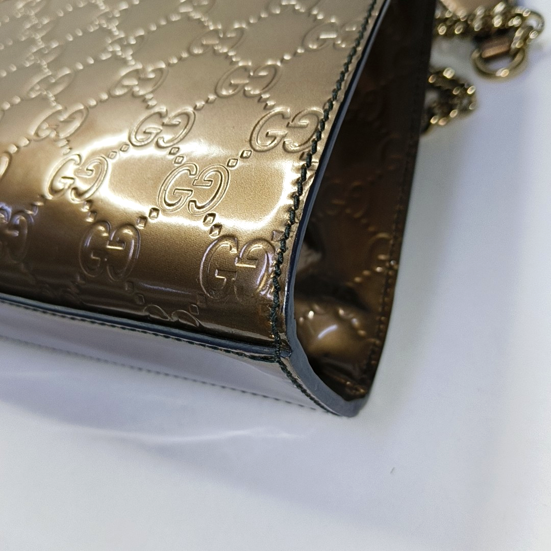 GUCCI Emily Chain Brown Patent Leather Monogram Embossed Shoulder and Handbag Golden hardware-(SKU)-945120170