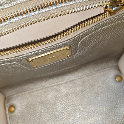 FERRAGAMO Amy Grey Leather Embossed Shoulder Bag Handbag Crossbody Golden hardware Removable shoulder strap-(SKU)-938858716
