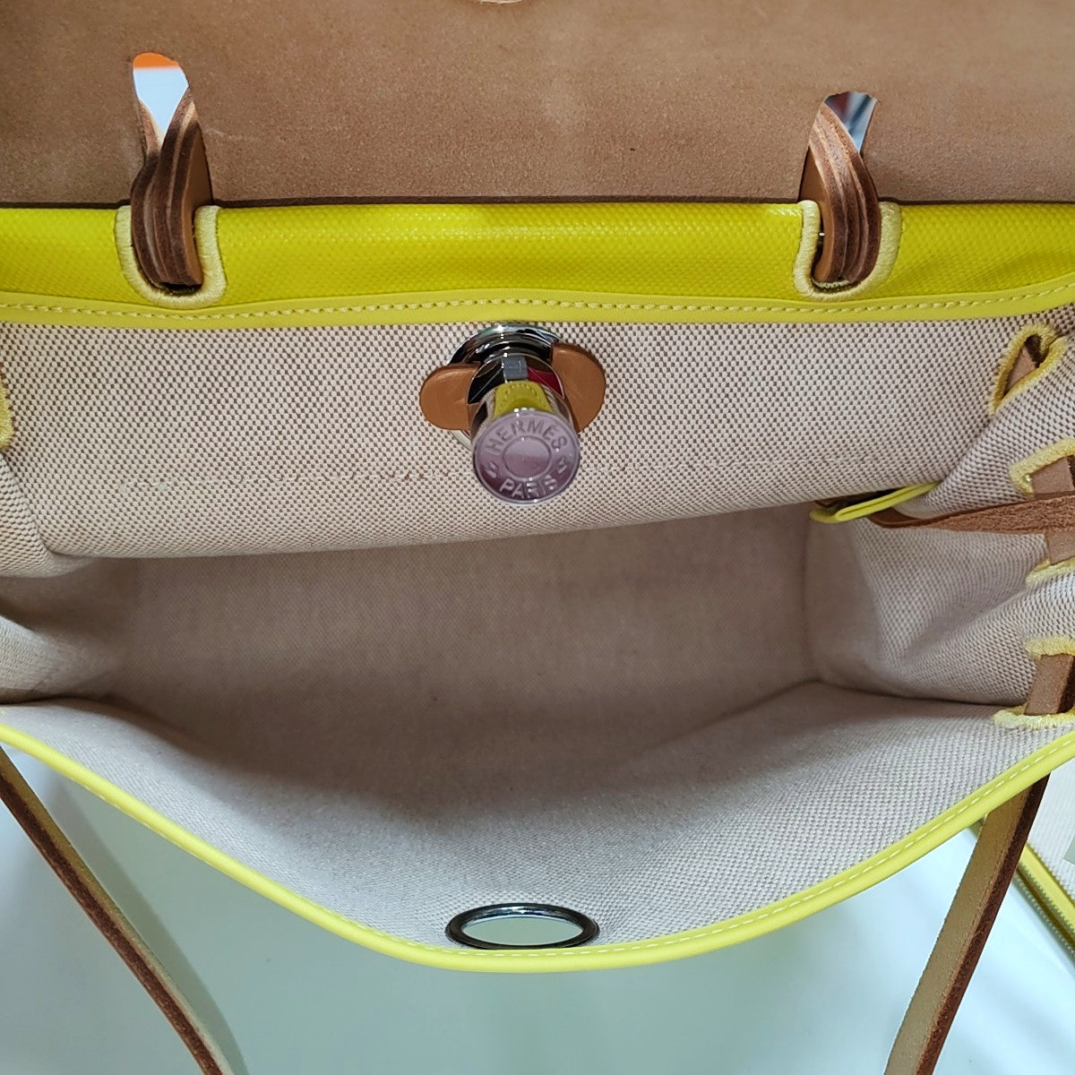 HERMÈS Herbag 31 Lemon Yellow Coated Canvas Shoulder Bag Tote Bag with Detachable Strap and B Stamp Accessories Included-(SKU)-971138279