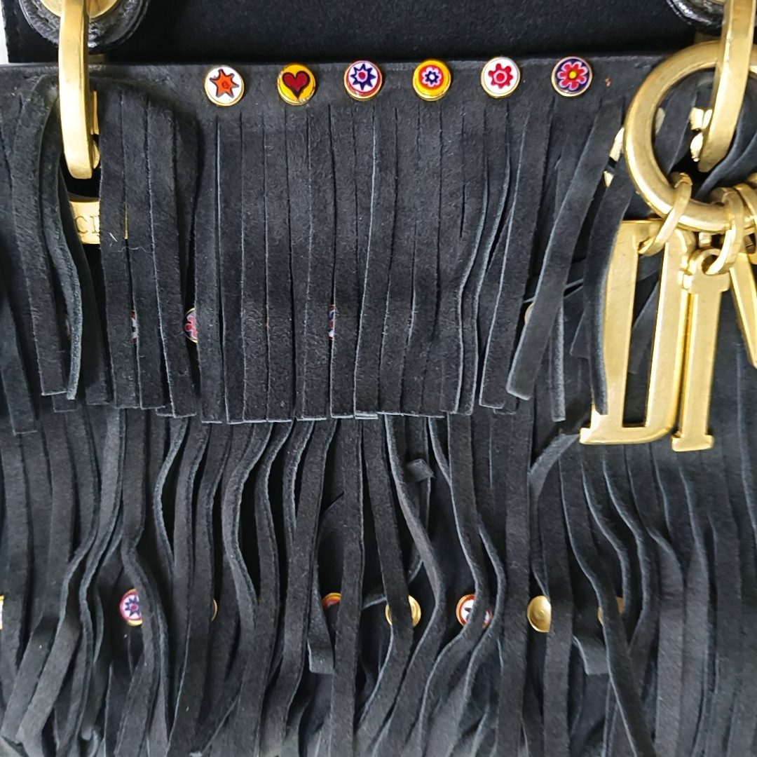 DIOR Lady Dior Mini Black Suede Leather Studded Fringe Crossbody Bag with Gold Hardware, Detachable Strap-(SKU)-961788599