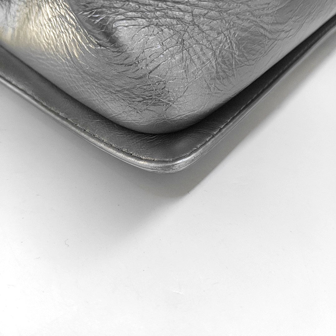 CHANEL BOY CHANEL Medium Silver Calfskin Quilted Shoulder Bag Crossbody Handbag Palladium Hardware 23 Clasp-(SKU)-969782038