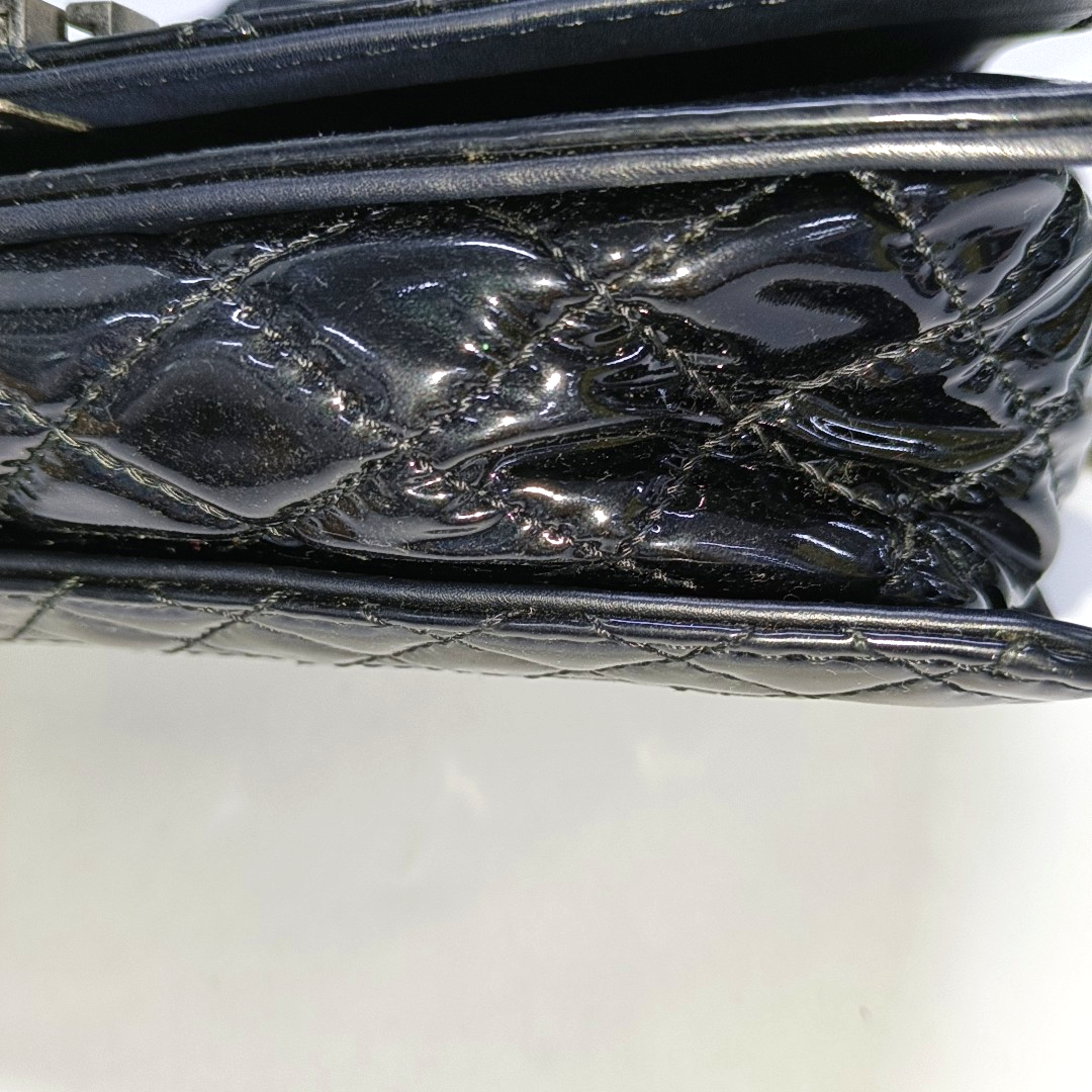 CHANEL BOY CHANEL Large Black Patent Leather Quilted Diagonal Shoulder Bag with Detachable Strap-(SKU)-14067527