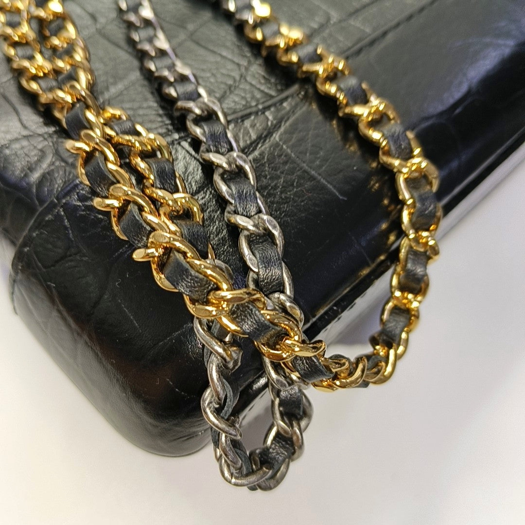 CHANEL GABRIELLE Extra Mini Black Calfskin Crocodile Shoulder Bag, Crossbody Bag with Detachable Strap and Gold/Silver Ruthenium Hardware-(SKU)-967352909