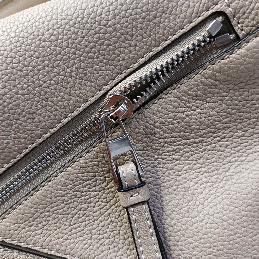 LOEWE Puzzle Small Khaki Calfskin Embossed Geometric Bag, Crossbody, Shoulder Bag, and Tote with Silver Hardware Removable Strap-(SKU)-963859842