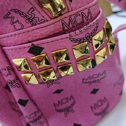 MCM STARK  Small size Pink Coated Canvas Studs Double Shoulder Bag Golden hardware-(SKU)-940254240