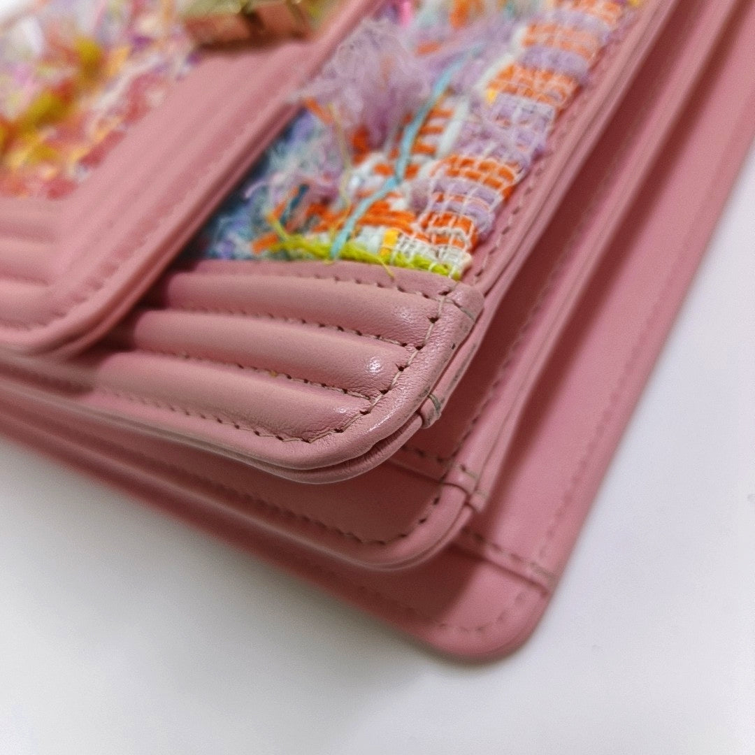 CHANEL BOY CHANEL Pink Tweed Quilted Crossbody Shoulder Bag with Golden Hardware, 27K, Detachable Strap-(SKU)-968690690
