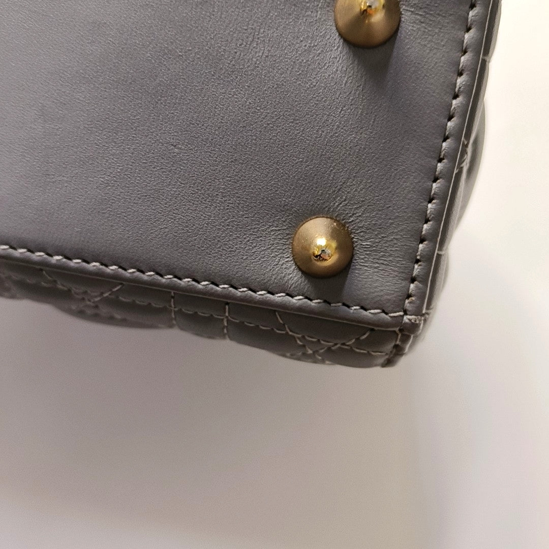 DIOR Lady Dior Small Grey Lamb Skin Quilted Cannage Diorever Shoulder Bag Tote Bag Crossbody Bag with Gold Hardware and Detachable Shoulder Strap, Complete Accessories-(SKU)-968155280