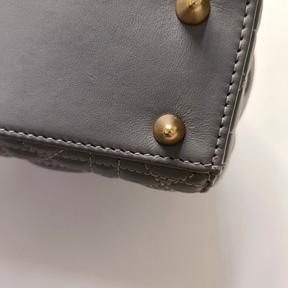 DIOR Lady Dior Small Grey Lamb Skin Quilted Cannage Diorever Shoulder Bag Tote Bag Crossbody Bag with Gold Hardware and Detachable Shoulder Strap, Complete Accessories-(SKU)-968155280