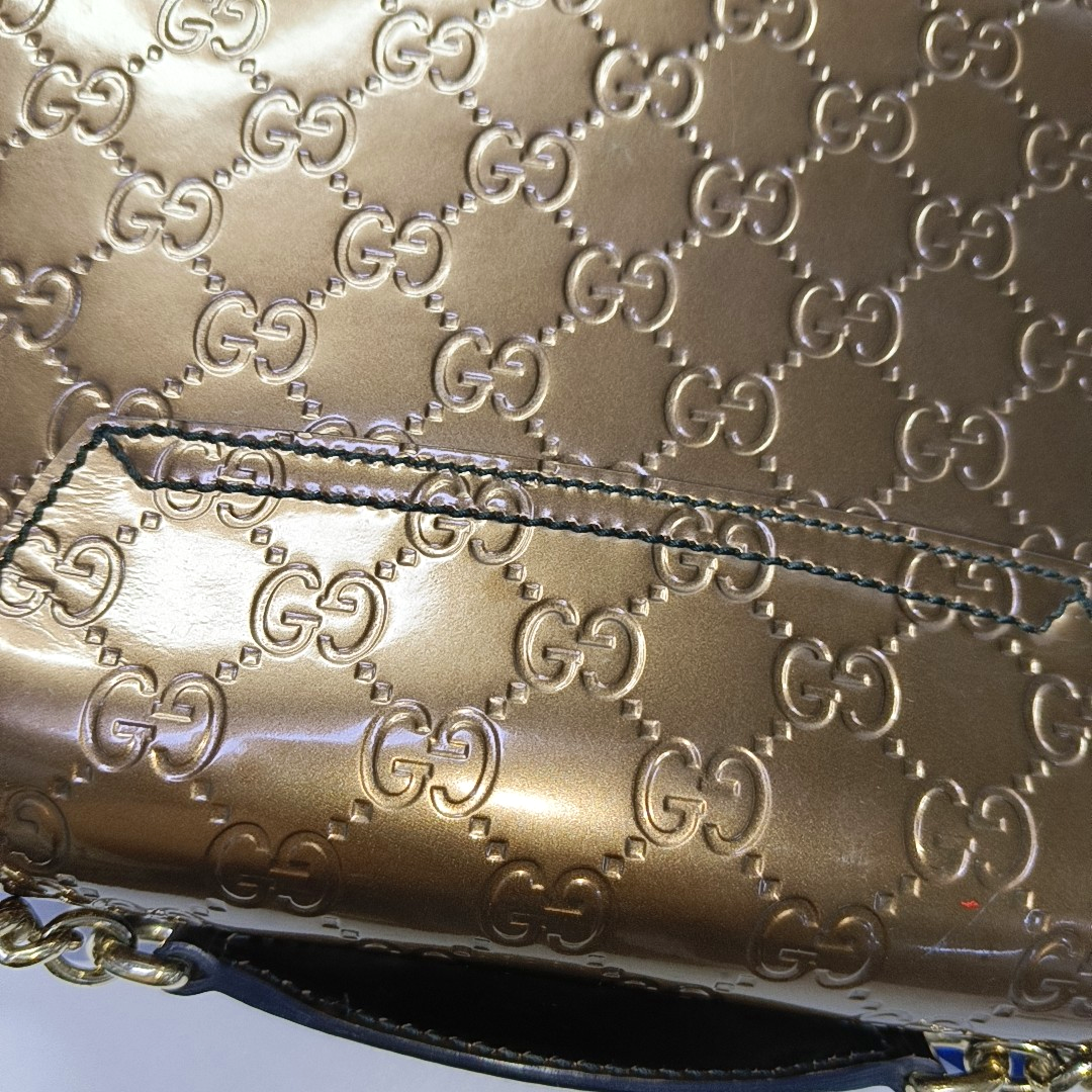 GUCCI Emily Chain Brown Patent Leather Monogram Embossed Shoulder and Handbag Golden hardware-(SKU)-945120170