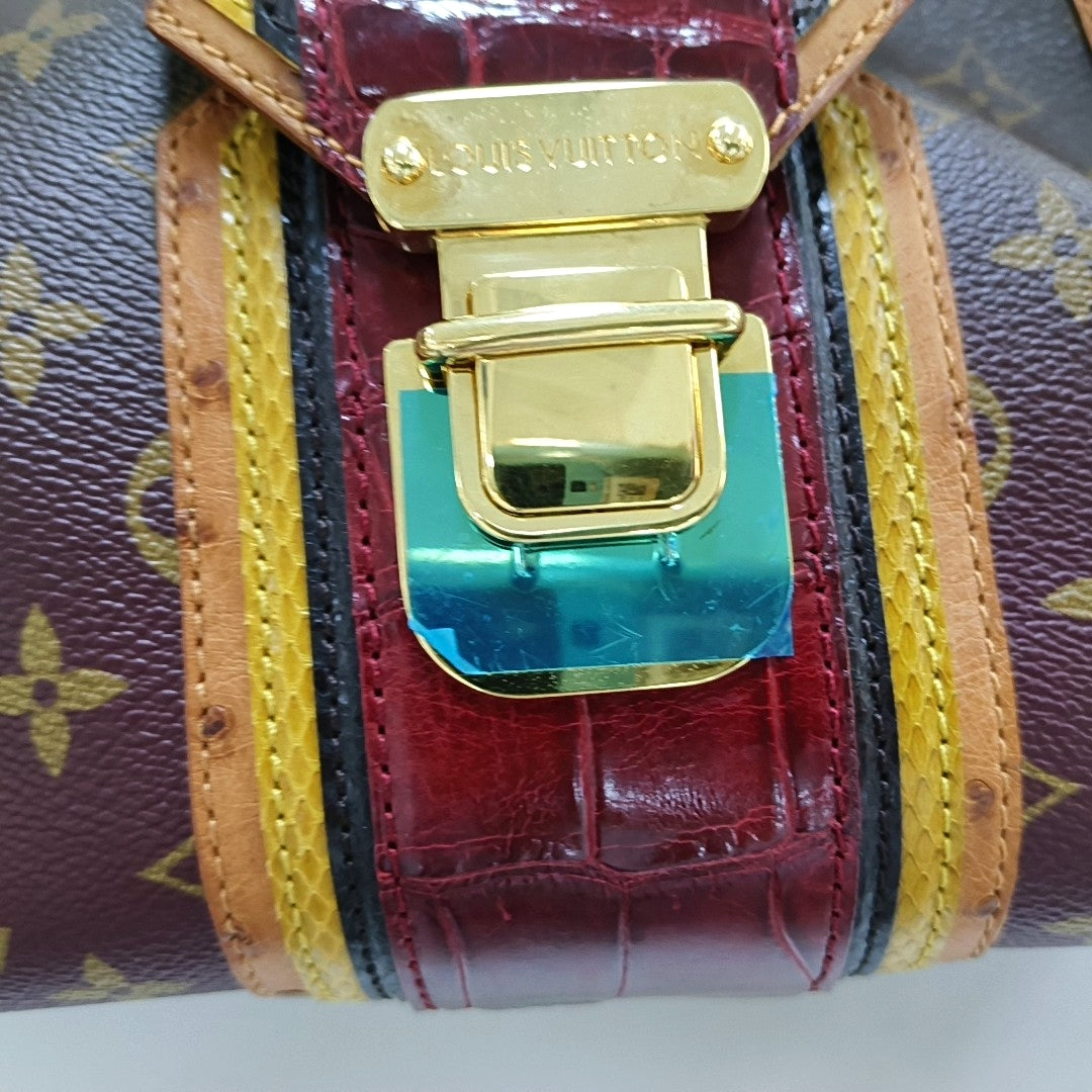 LOUIS VUITTON GRIET Brown Coated Canvas Monogram Crocodile Embossed Handbag with Gold Hardware-(SKU)-967372524