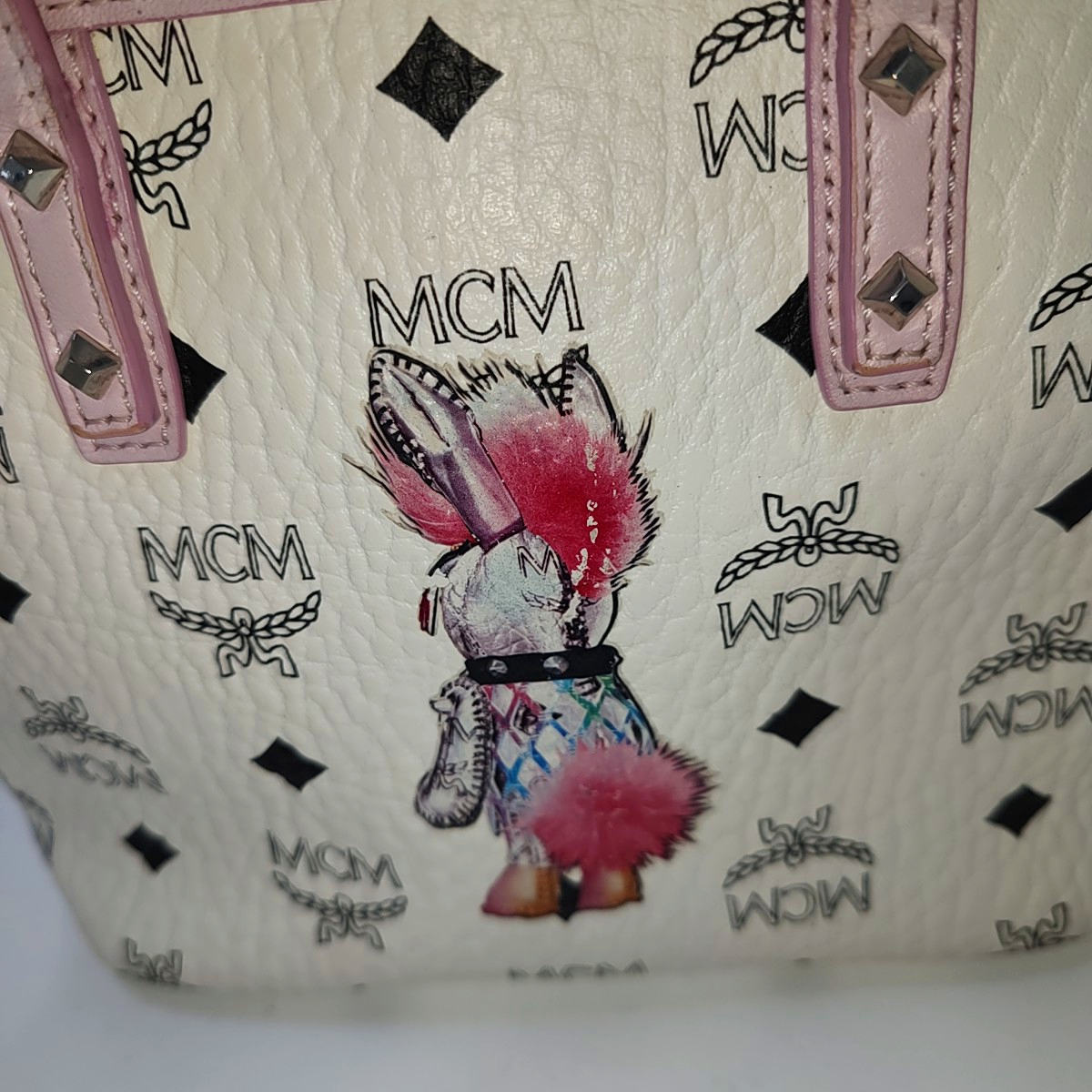 MCM ANYA mini White coated canvas old floral rabbit single shoulder bag Silver Hardware Removable shoulder strap-(SKU)-940066855