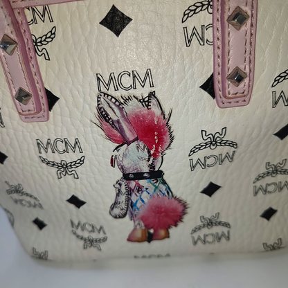 MCM ANYA mini White coated canvas old floral rabbit single shoulder bag Silver Hardware Removable shoulder strap-(SKU)-940066855
