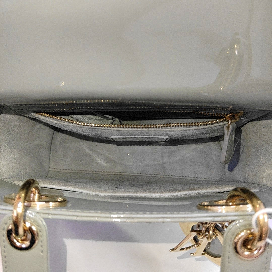 DIOR Lady Dior Small Grey Patent Leather Quilted Cannage Diagonal Shoulder Bag with Detachable Strap-(SKU)-969394043